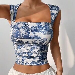 Rebellious Rose Blue and White Toile Square Neck Tank Top
